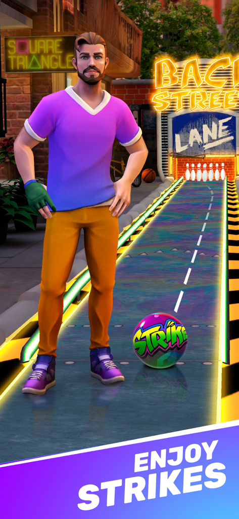A male character standing on a colorful bowling lane next to a graffiti style strike ball in the Bowling Clash mobile game.