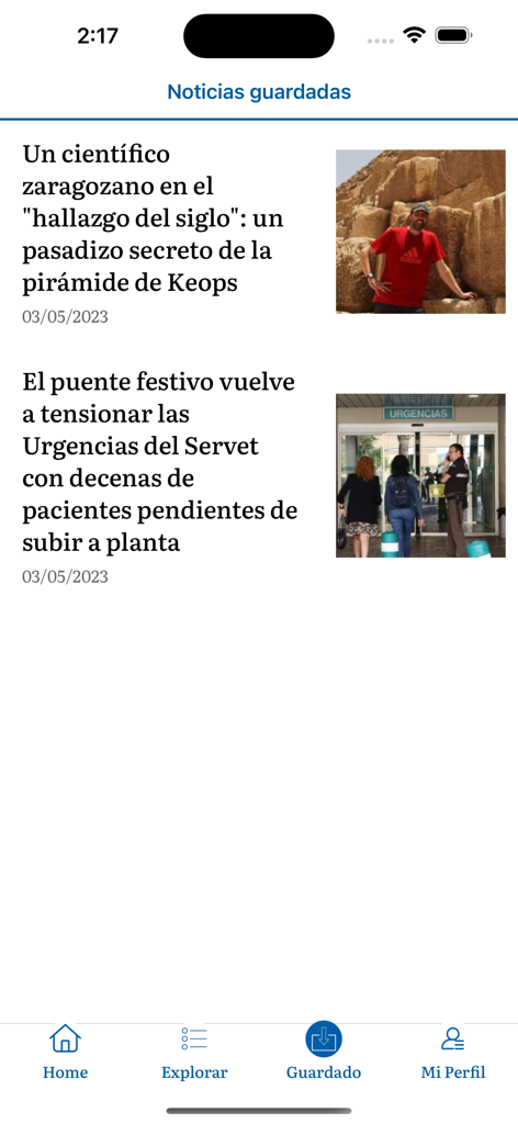 L'interface de l'application Heraldo de Aragon affiche une liste d'articles de presse enregistrés dans la section « Actualités enregistrées ».