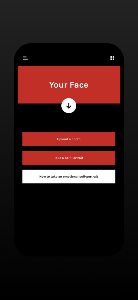 Emosee - Emosee mobile app interface showing options to upload a photo or take a self portrait for emotional analysis