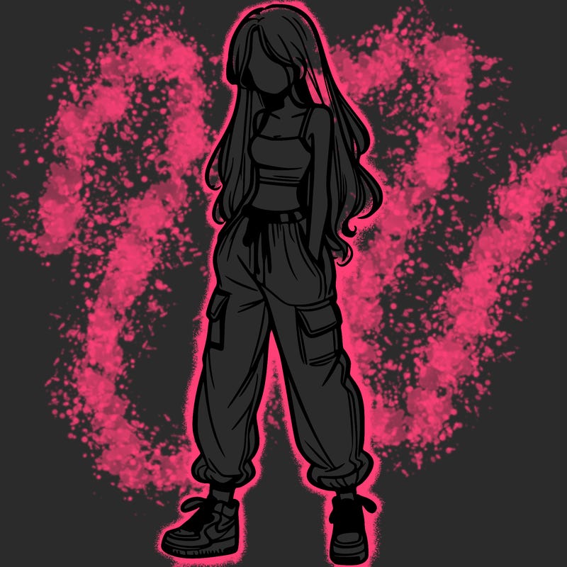 girl in baggy pants crop top and long hair