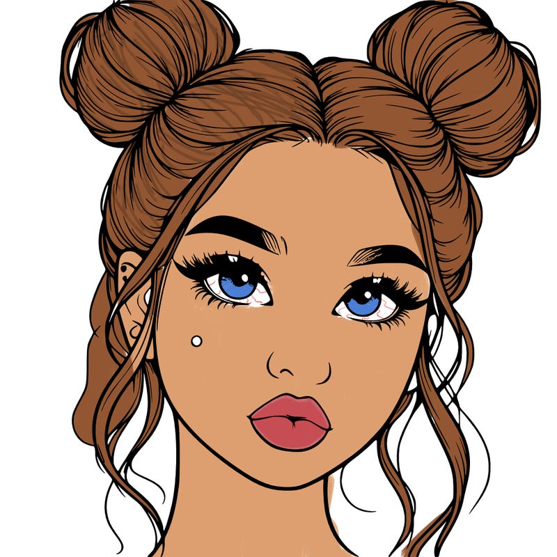 realistic girl with two buns on her hair and lips