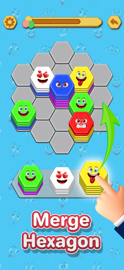 A mobile puzzle game screen showing colorful hexagonal stacks with emojis being merged on a grid.