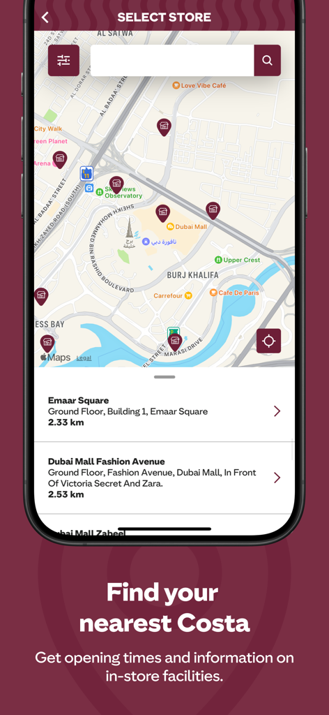 Costa Club UAE - Costa Club UAE app store locator screen showing coffee shop locations on a map of Dubai