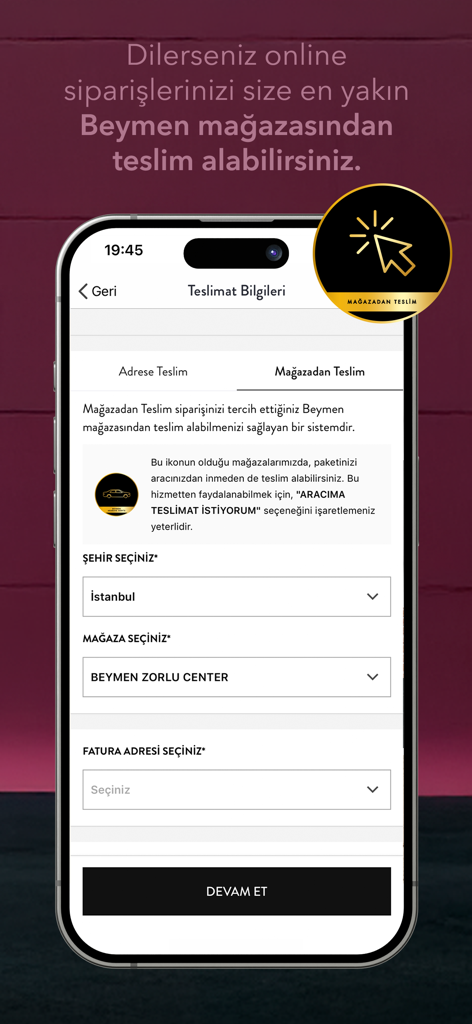 Delivery information screen in the Beymen app showing the in-store pickup option for online orders.