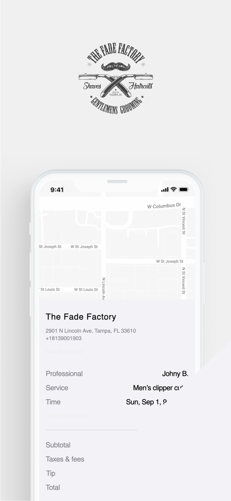 Tela do aplicativo móvel The Fade Factory mostrando um resumo de agendamento de corte de cabelo com mapa do local e detalhes de preço