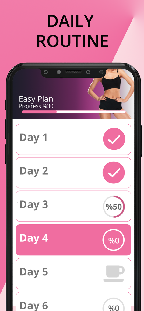 Lose Belly Fat in 30 Days - Daily routine screen of a fitness app showing completed and scheduled workout days for a 30-day plan