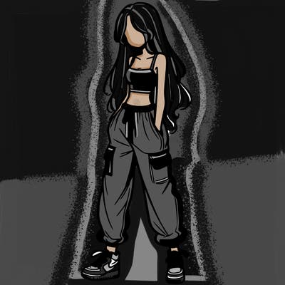 girl in baggy pants crop top and long hair