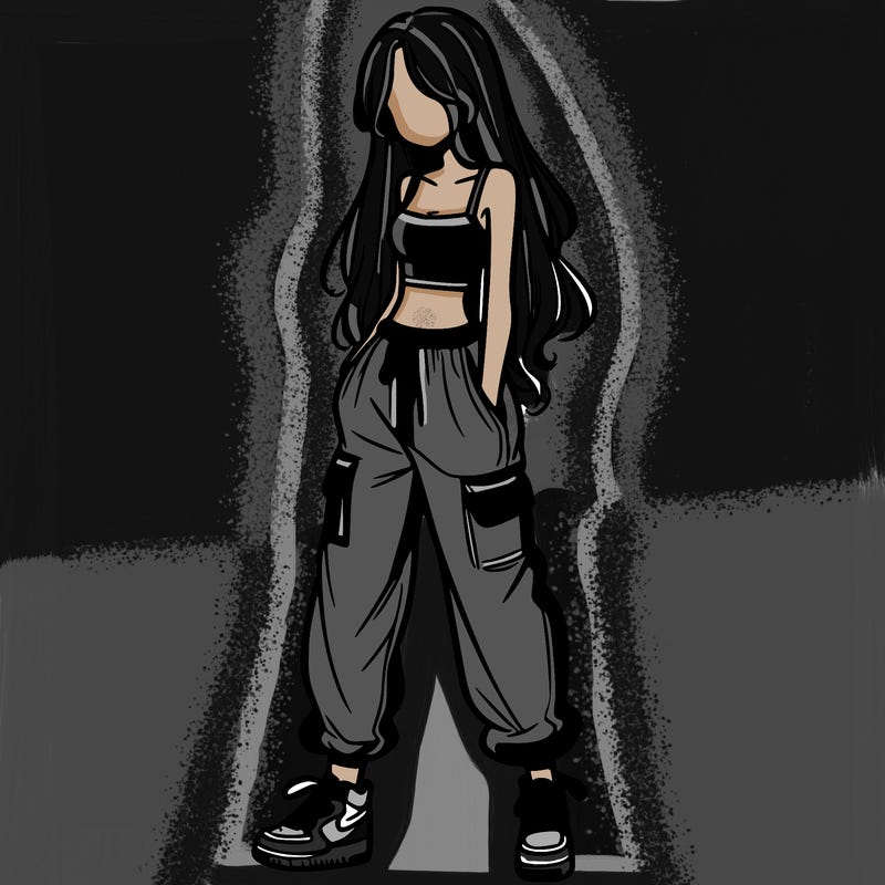 girl in baggy pants crop top and long hair