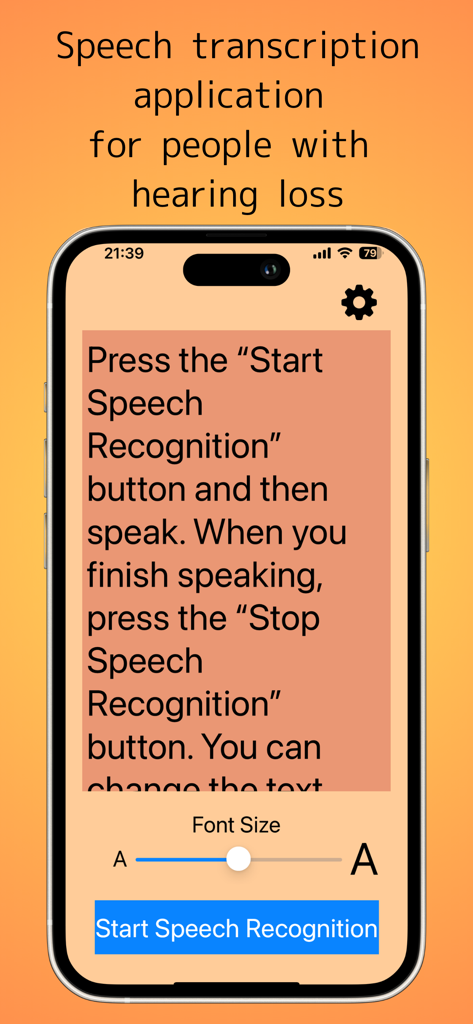 Speech-to-Text-App - Mobile Benutzeroberfläche einer Sprachtranskriptions-App für Hörverlust mit einem Schieberegler für die Schriftgröße und einer Starttaste