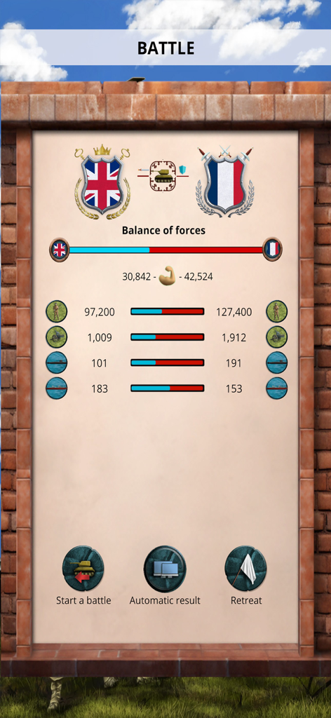 20th c 1 – President Simulator - Military battle interface showing the balance of forces between the United Kingdom and France