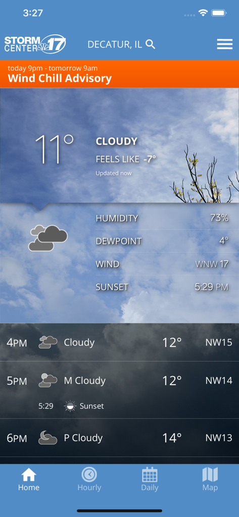 WAND WX weather app interface showing current conditions and wind chill advisory for Decatur Illinois