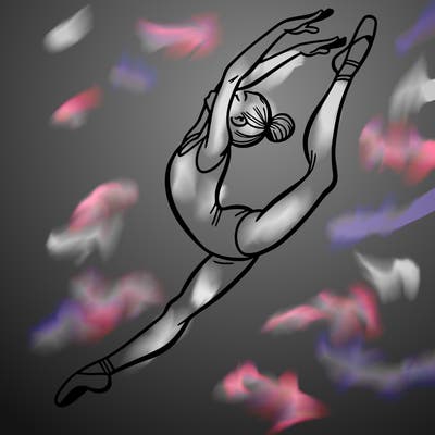 gymnast doing a leap in a leotard with a bent back leg
