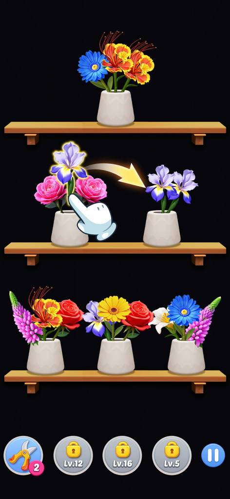 Happy Bloom Blast - Gameplay de Happy Bloom Blast mostrando uma mão arrastando uma flor para organizá-la em um vaso