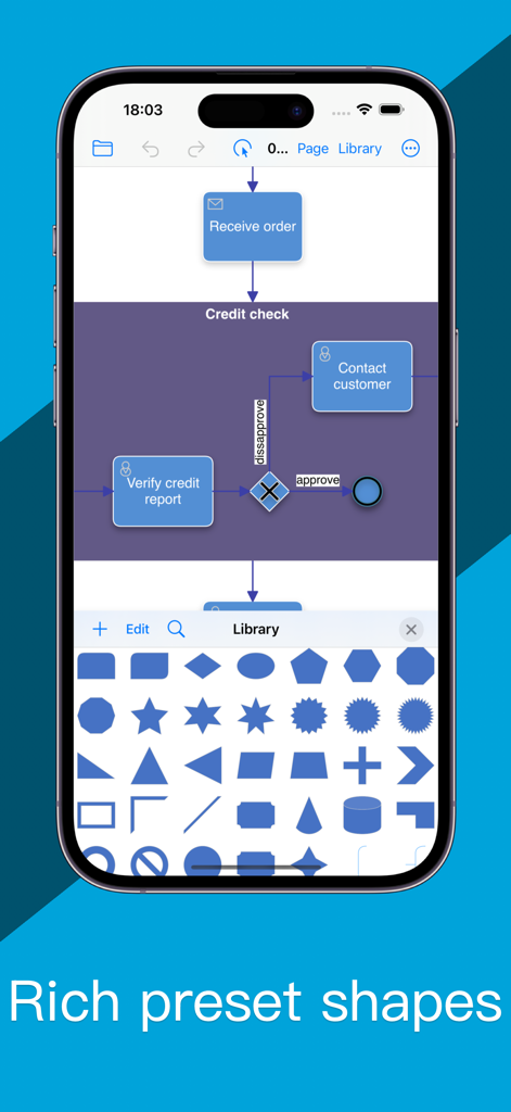 Flowchart Designer 5 - Interfaz móvil de Flowchart Designer 5 que muestra un flujograma de negocios y una biblioteca de formas preestablecidas.