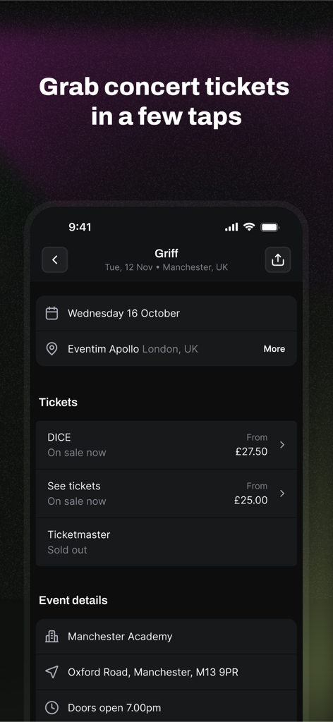 Songkick Concerts - Una pantalla móvil de la aplicación Songkick que muestra opciones y precios de entradas para conciertos de un evento de música en vivo