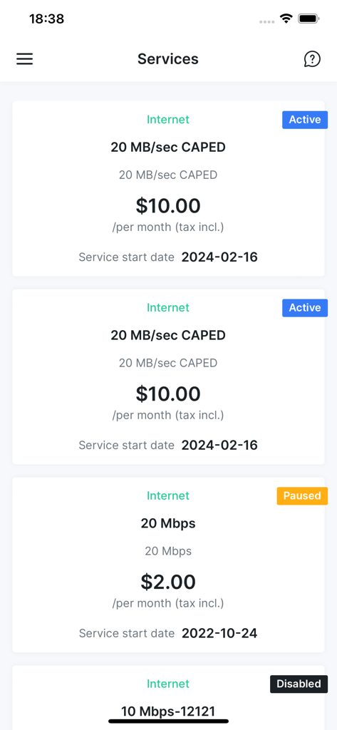MyISP Portal - MyISP Portal app services screen displaying internet subscription plans with active and paused status