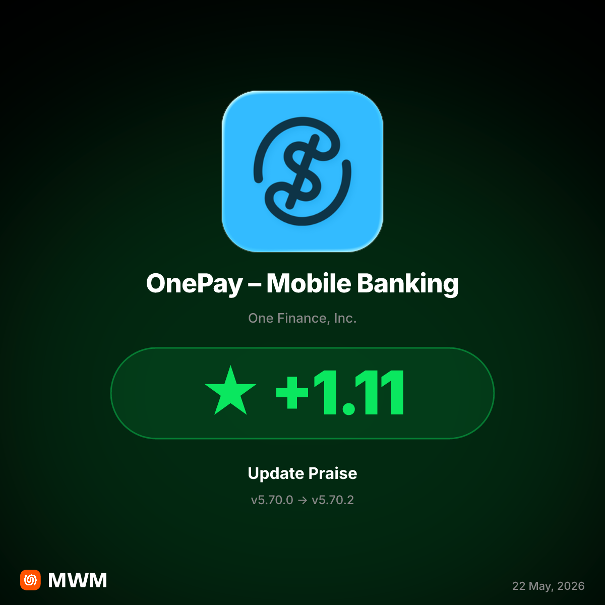 OnePay v5.70.2 adds Walmart+ 5% cashback and zero fees, April 2026