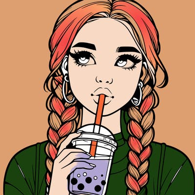 realistic girl with braided hair drinking boba