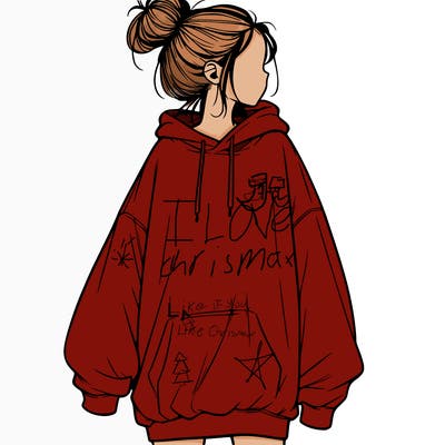 realistic girl with a oversized sweatshirt on and a bun