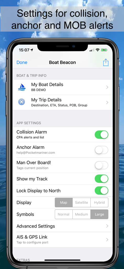 Écran des paramètres de l'application Boat Beacon montrant la configuration des alertes de collision, d'ancre et d'homme à la mer.