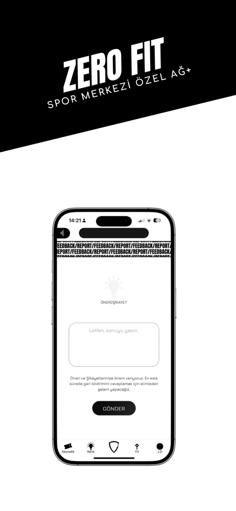 Interfaz de la aplicación de gimnasio Zero Fit con un cuadro de texto para sugerencias de miembros y un botón de envío