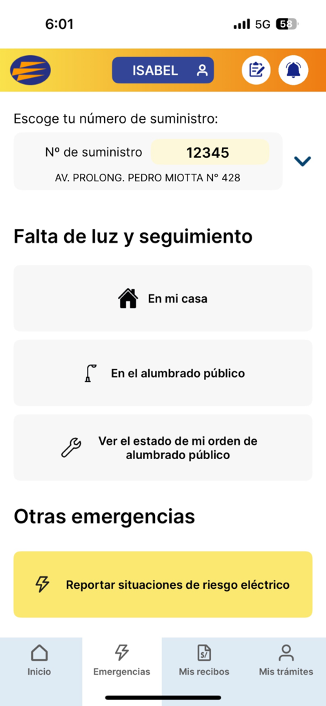 Luz del Sur - Interfaz de reporte de emergencias de la aplicación Luz del Sur para cortes de energía y riesgos eléctricos