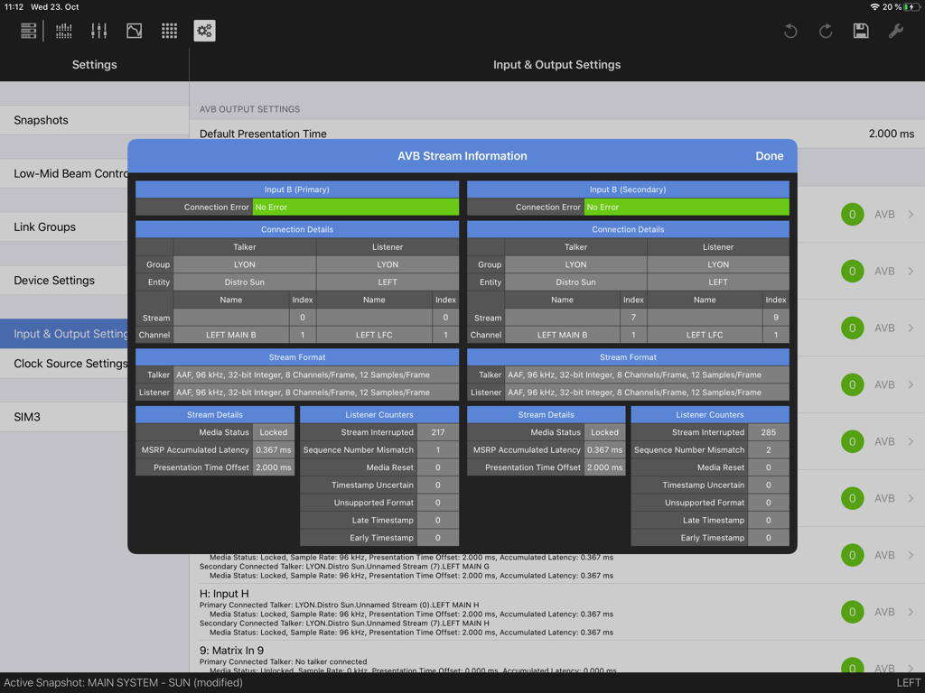 Compass Go by Meyer Sound - Compass Go AVB Stream Information dashboard showing technical connection details and stream format for audio professionals
