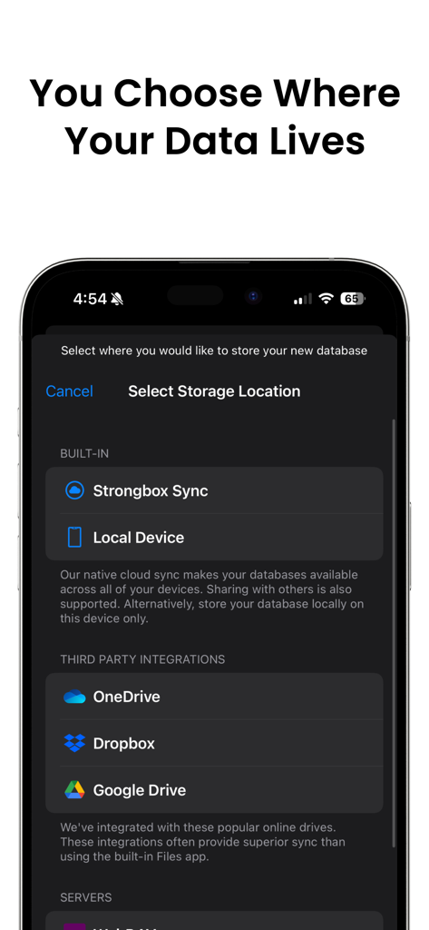 Strongbox - Password Manager - Écran de l'application Strongbox montrant les options d'emplacement de stockage pour les bases de données de mots de passe, y compris l'appareil local et les services cloud tels que Dropbox et Google Drive