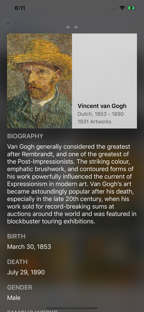 WikiArt - Una pagina biografica per Vincent van Gogh nell'app WikiArt con il suo autoritratto e dettagli storici.