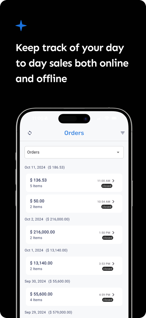Écran de smartphone montrant l'historique des commandes de ventes de l'application Posa et les enregistrements des transactions quotidiennes
