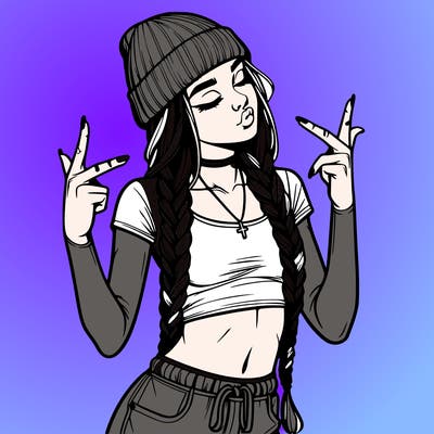 realistic teenage girl with braids and a beanie and crop top doing 🫶🏼