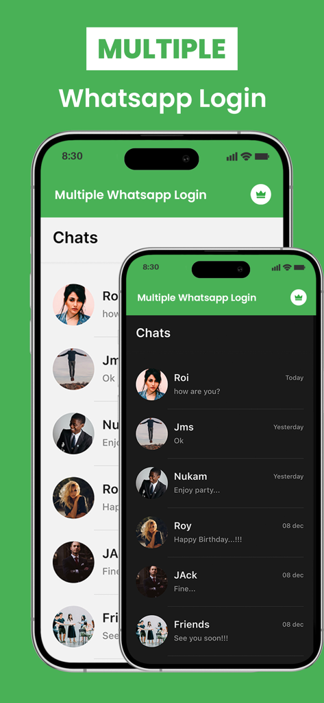 GB Web Latest Version - Interfaccia dell'app GB Web che mostra la funzionalità di login multiplo WhatsApp su iPhone con temi chiari e scuri