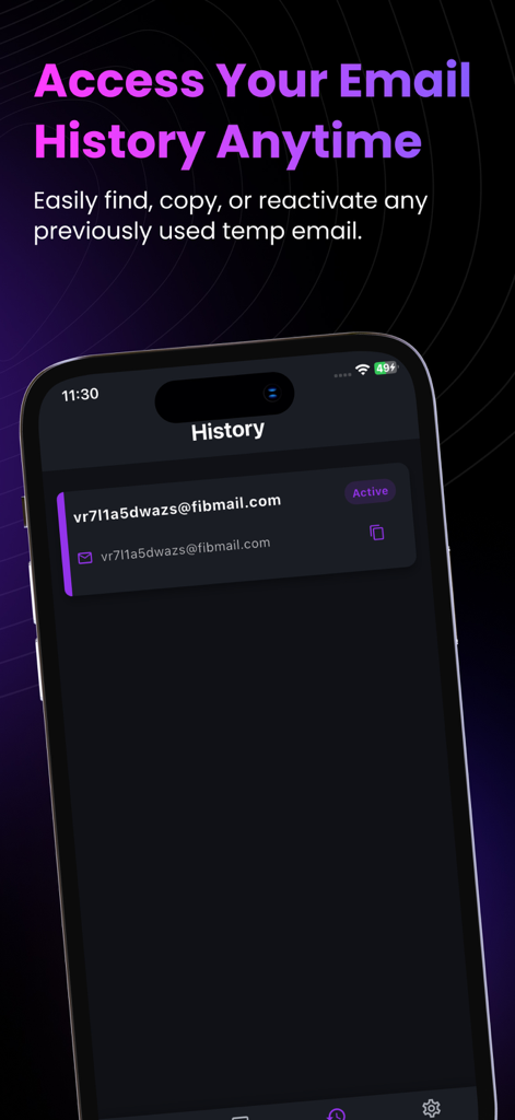 The email history screen of the Temp Mail GG app showing an active temporary address