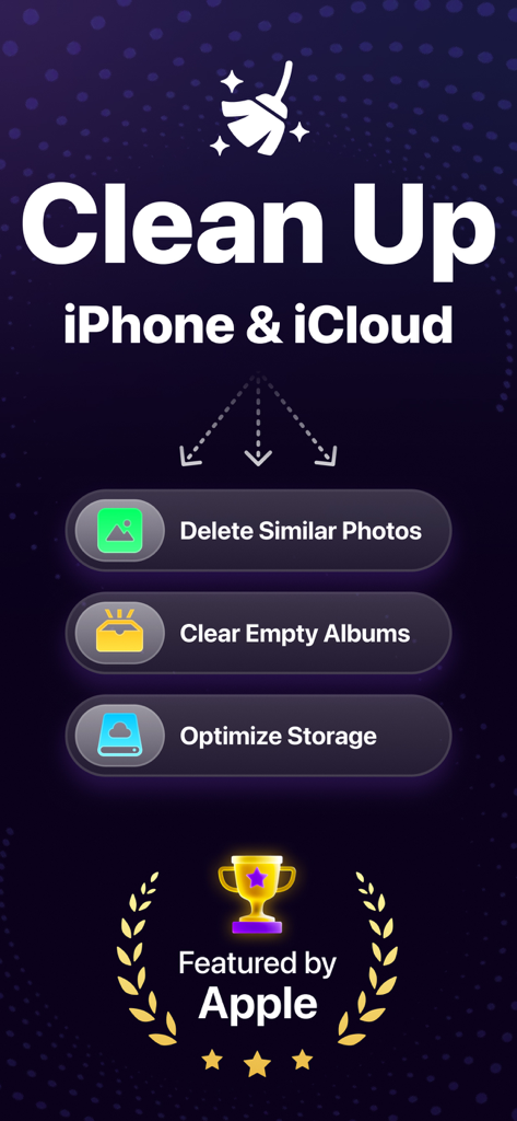 Magic Album-Storage Cleaner - Magic Album 앱 인터페이스가 유사 사진 삭제, 빈 앨범 정리, 저장 공간 최적화 옵션을 보여주고 'Apple 추천' 배지도 표시됨