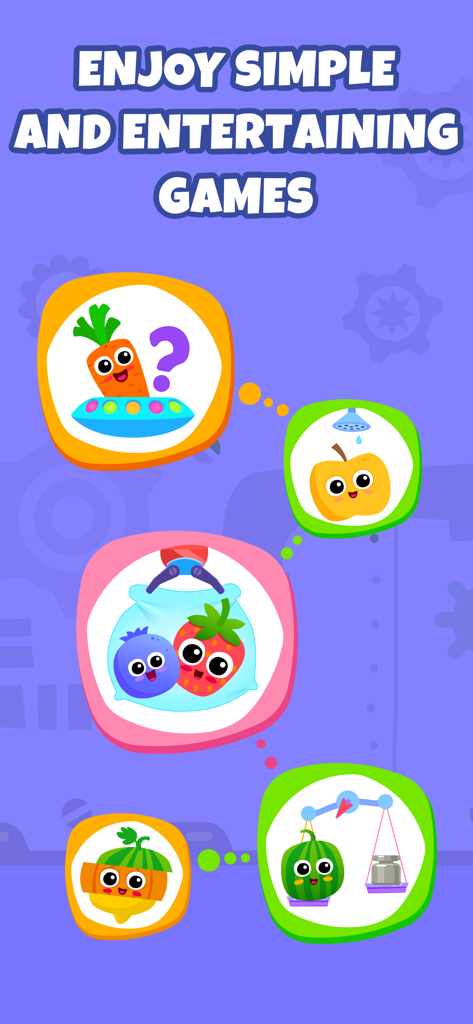 Yummies! Healthy Food games - 당근과 딸기 같은 귀여운 과일 및 채소 캐릭터가 등장하는 어린이 교육용 미니 게임