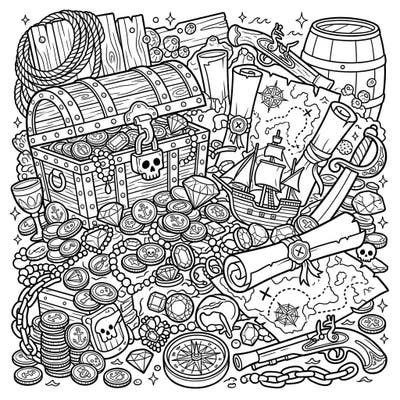 Dive into a world of swashbuckling adventure with this detailed pirate treasure coloring page, bursting with gold, jewels, and ancient maps. It's the perfect canvas for adults and teens to explore their creativity and bring legendary loot to life.