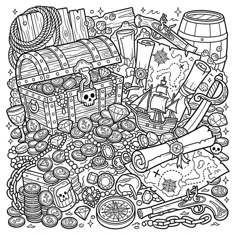 Dive into a world of swashbuckling adventure with this detailed pirate treasure coloring page, bursting with gold, jewels, and ancient maps. It's the perfect canvas for adults and teens to explore their creativity and bring legendary loot to life.