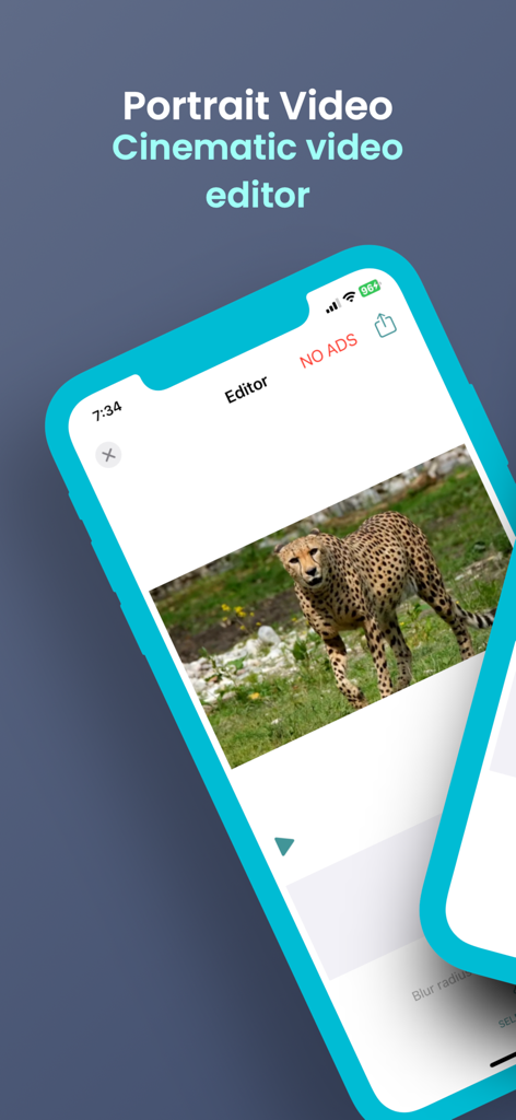 チーターの動画を特徴とするシネマティックポートレートビデオエディタアプリのインターフェース