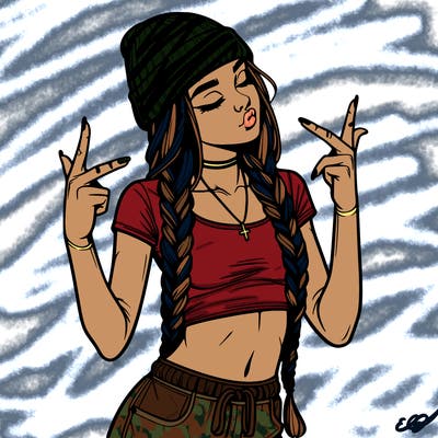 realistic teenage girl with braids and a beanie and crop top doing 🫶🏼