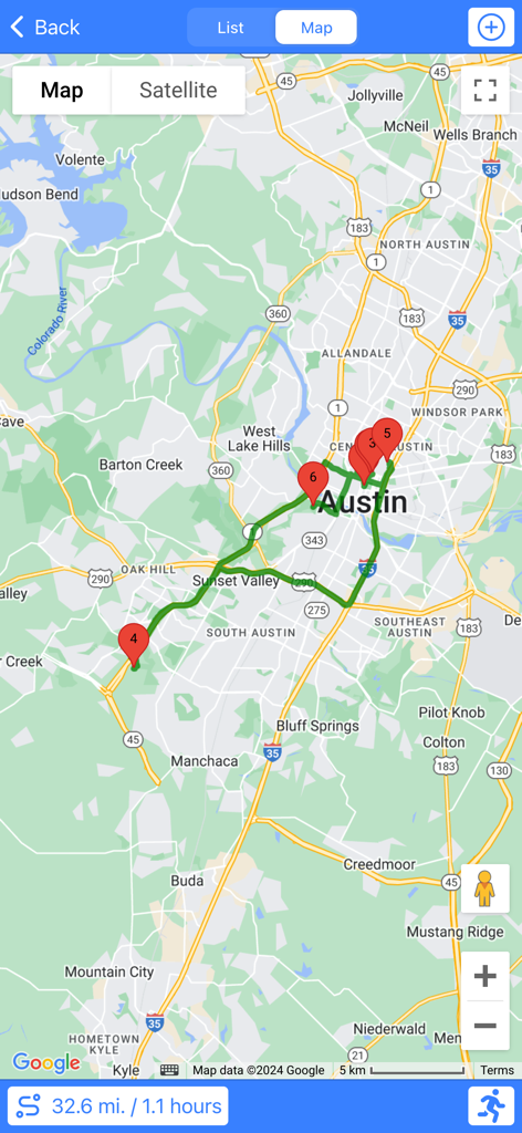 Map view of Route-Finder app showing a multi-stop route in Austin Texas