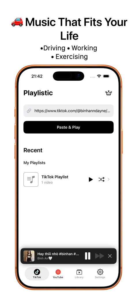 PlayListic: Background Player - PlayListic app interface showing the Paste and Play feature for TikTok music