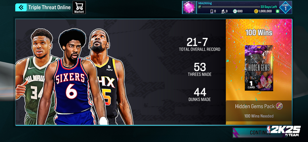 NBA 2K25 MyTEAM - NBA 2K25 MyTEAM Triple Threat Online stats screen showing progress towards a Hidden Gems Pack reward