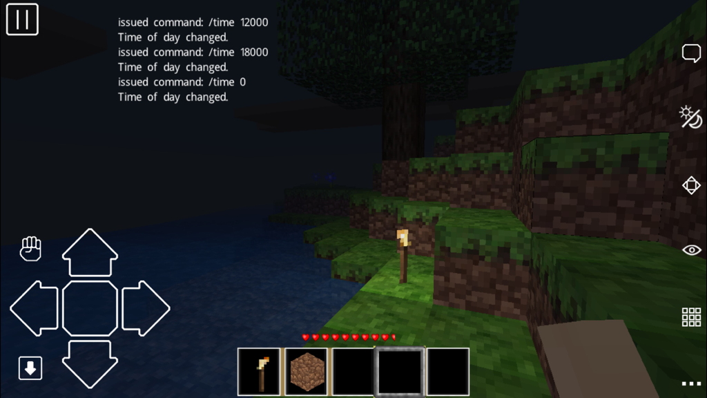 Freeworld 2 - Nighttime gameplay in Freeworld 2 voxel world with a torch lit landscape and console commands