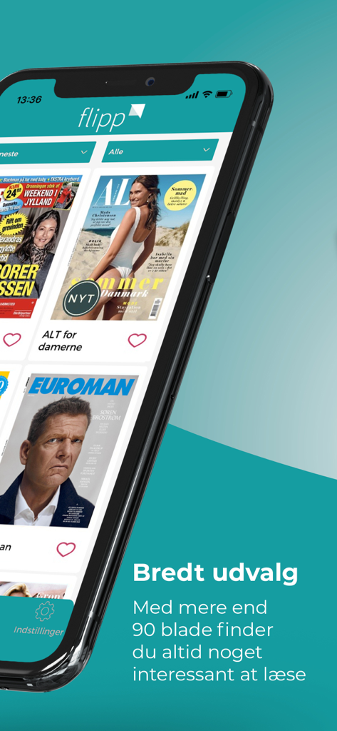 Smartphone screen showing the Flipp Danmark app with various Danish magazine covers