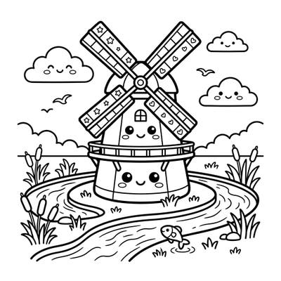Bring this delightful Kawaii drainage windmill to life with your favorite colors. This charming scene, complete with smiling clouds and playful wildlife, promises a wonderfully relaxing coloring experience.