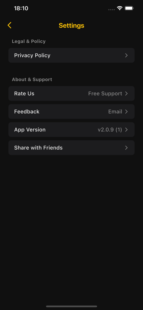 Settings screen of the Car Fault Sound Guide app showing options for privacy policy support feedback and app version