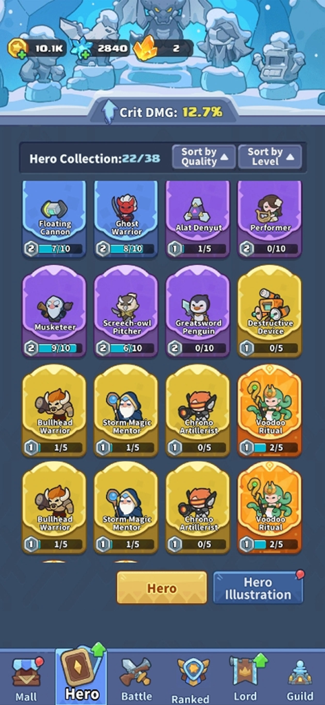 Penguin GO! - Collab - Hero collection screen in the Penguin GO! mobile game showing a grid of different character cards with rarity levels.