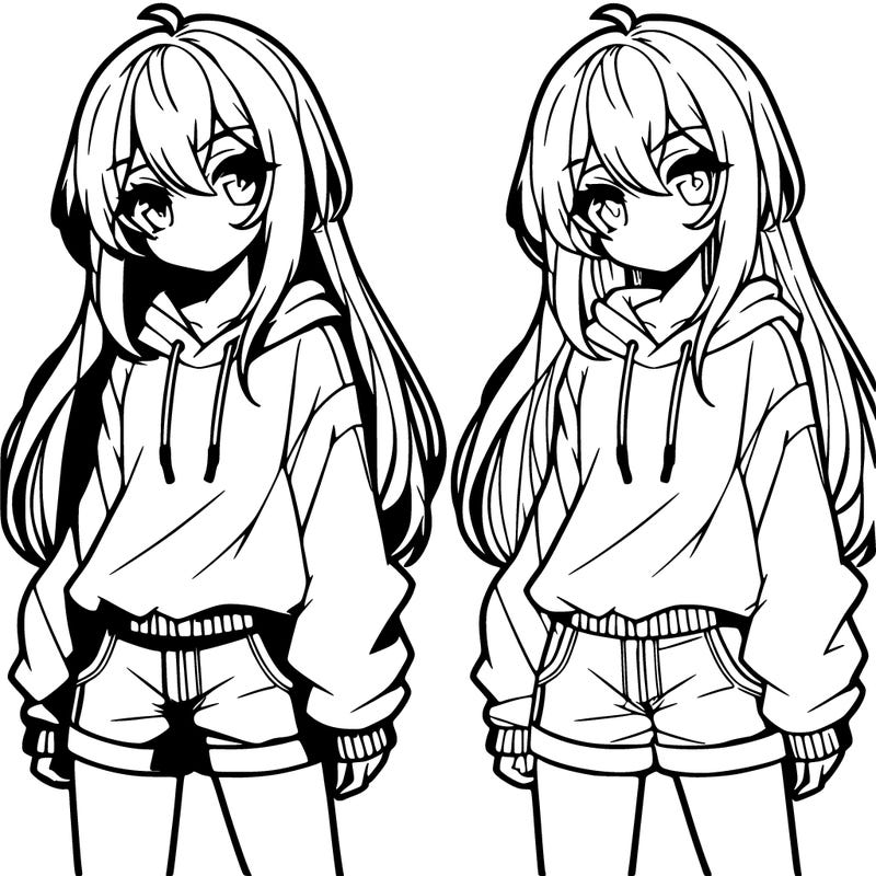 anime girl. sweat shirt. long hair. shorts