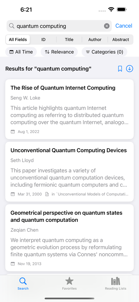 Reader for arXiv - Résultats de recherche pour l'informatique quantique dans l'application Reader for arXiv montrant les titres et auteurs des articles de recherche.