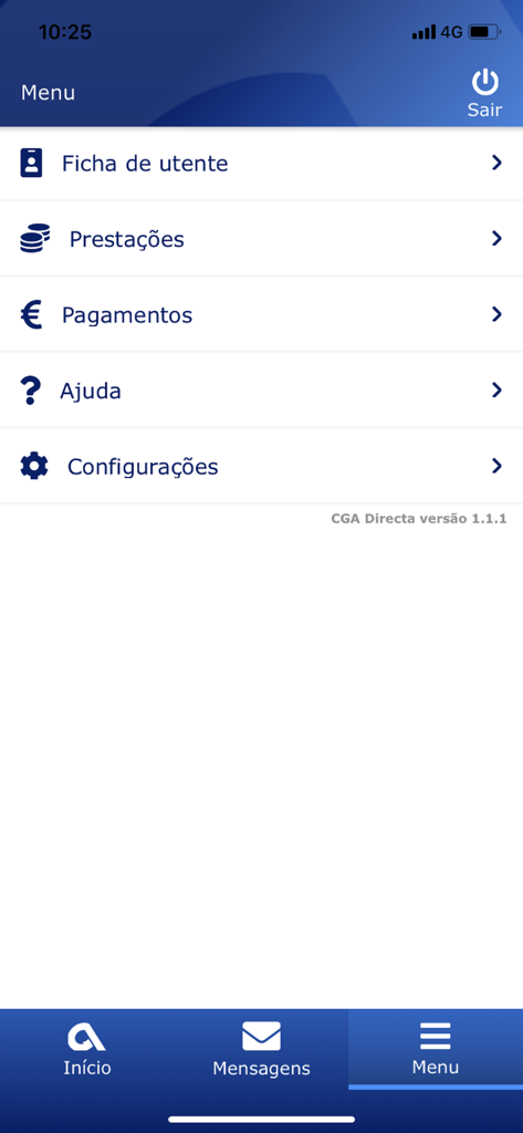 CGA Directa - Tela do menu do aplicativo CGA Directa exibindo links para benefícios do perfil do usuário e pagamentos